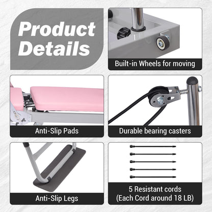 Pink Pilates Reformer | Foldable Pilates Reformer Machine for Home w/Resistance | Pilates Bed for All Levels
