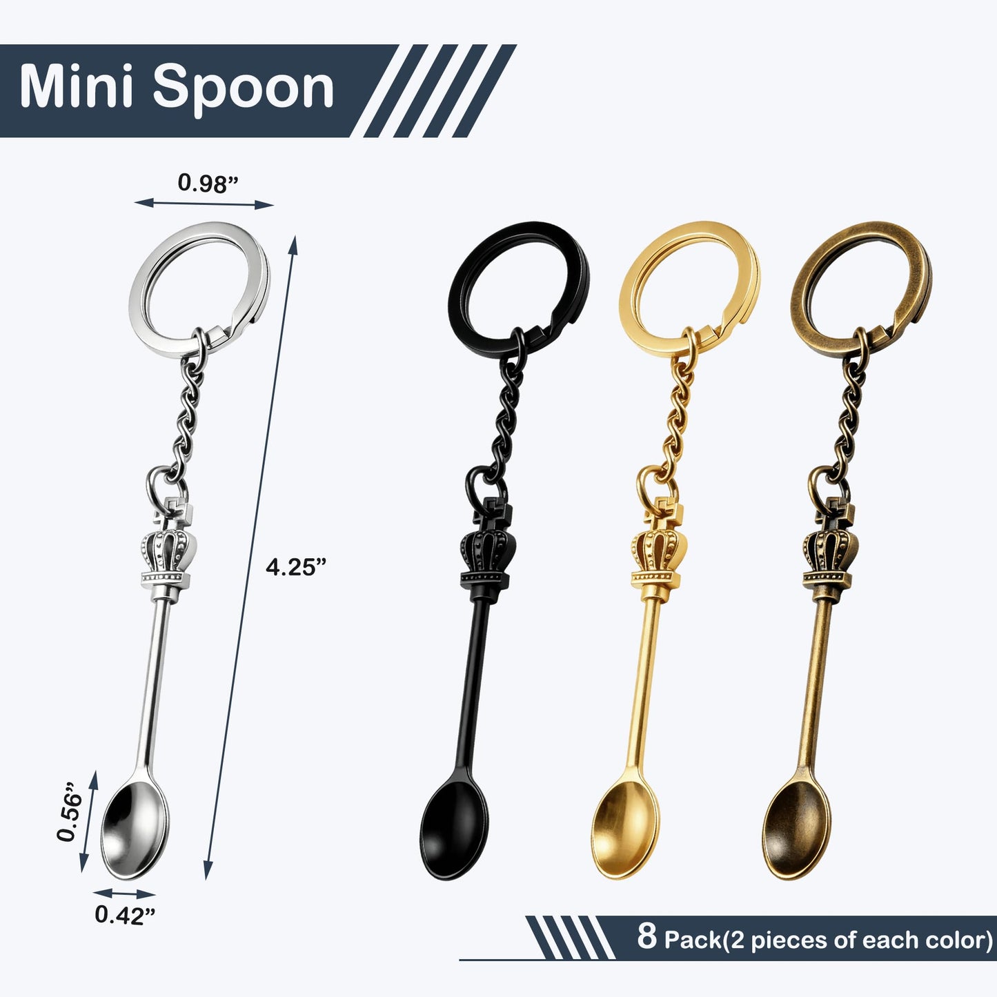 Demearly 8 Pack Small Measuring Tools Spoon Keychain with Split Key Rings, Metal Mini Powder Spoons for Medicine, Pill Bottle, Craft, Partty (Multicolor, Tiny)
