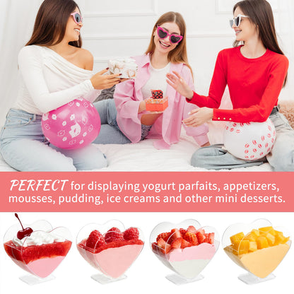 Qeirudu 100 Pack 2.7 oz Heart Shaped Mini Dessert Cups with Spoons, Small Clear Parfait Cups, Plastic Party Serving Cups for Mousses, Puddings, Fruits