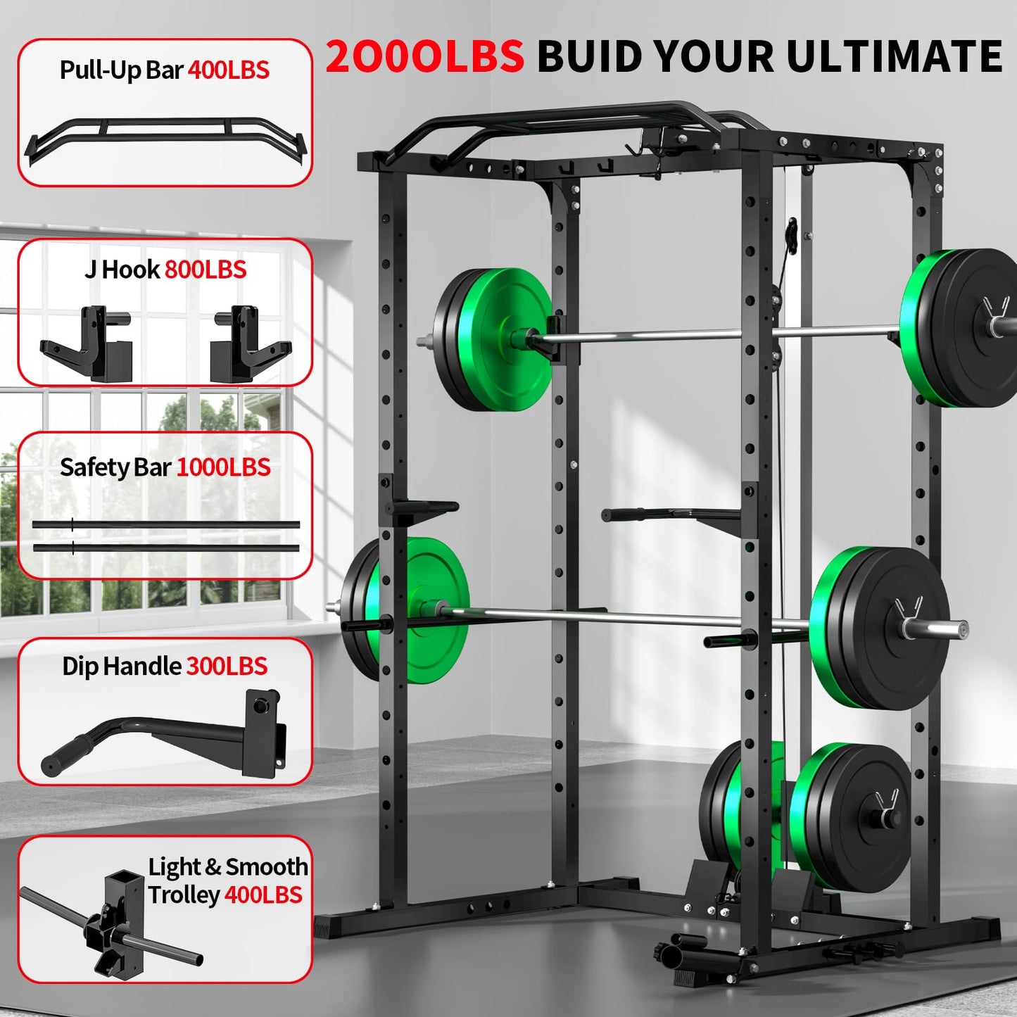 JEEKEE Power Rack with LAT Pulldown, 2000LBS Power Cage with Cable System, Multi-Function Squat Rack with J-Hooks, Safety Bars, Landmine, Pull Up Bar & Attachments for Home Gym Strength Training,Black