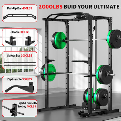 JEEKEE Power Rack with LAT Pulldown, 2000LBS Power Cage with Cable System, Multi-Function Squat Rack with J-Hooks, Safety Bars, Landmine, Pull Up Bar & Attachments for Home Gym Strength Training,Black