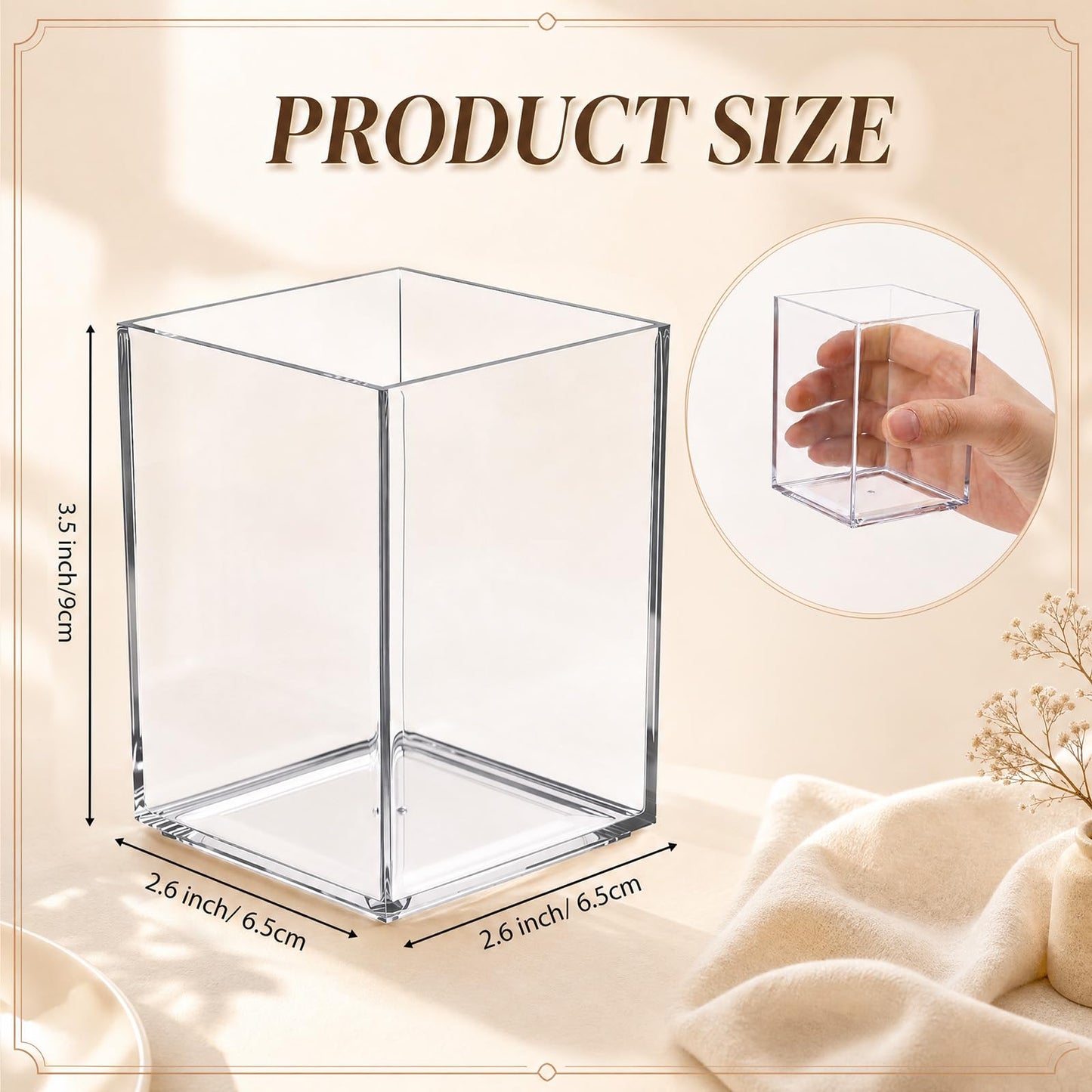 Wovnet 50 Pack Clear Acrylic Pencil Pen Holder Cup Square Makeup Brush Storage Organizer Bookmark Hairbrush Fork Holder 2.6 x 2.6 x 3.5 Inch Desktop Stationery Organizer Accessories for Office Home