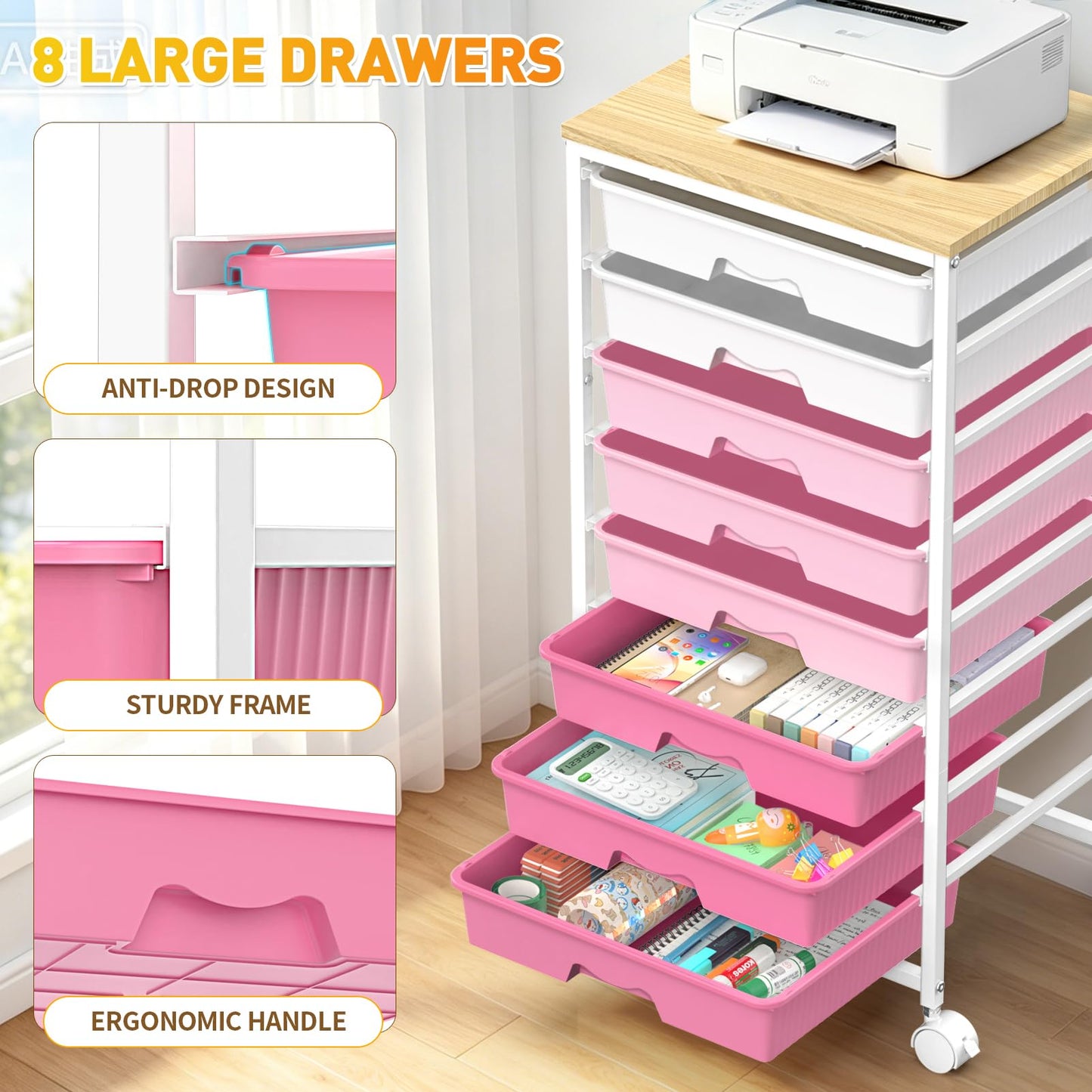SUNALLY Rolling Storage Utility Cart with 8 Drawers, Storage Drawer Cart with Wooden Tabletop and 2 Lockable Wheels, 8 Tier Rolling Cart for Craft Art Supply Storage & Home Office Organization, Pink