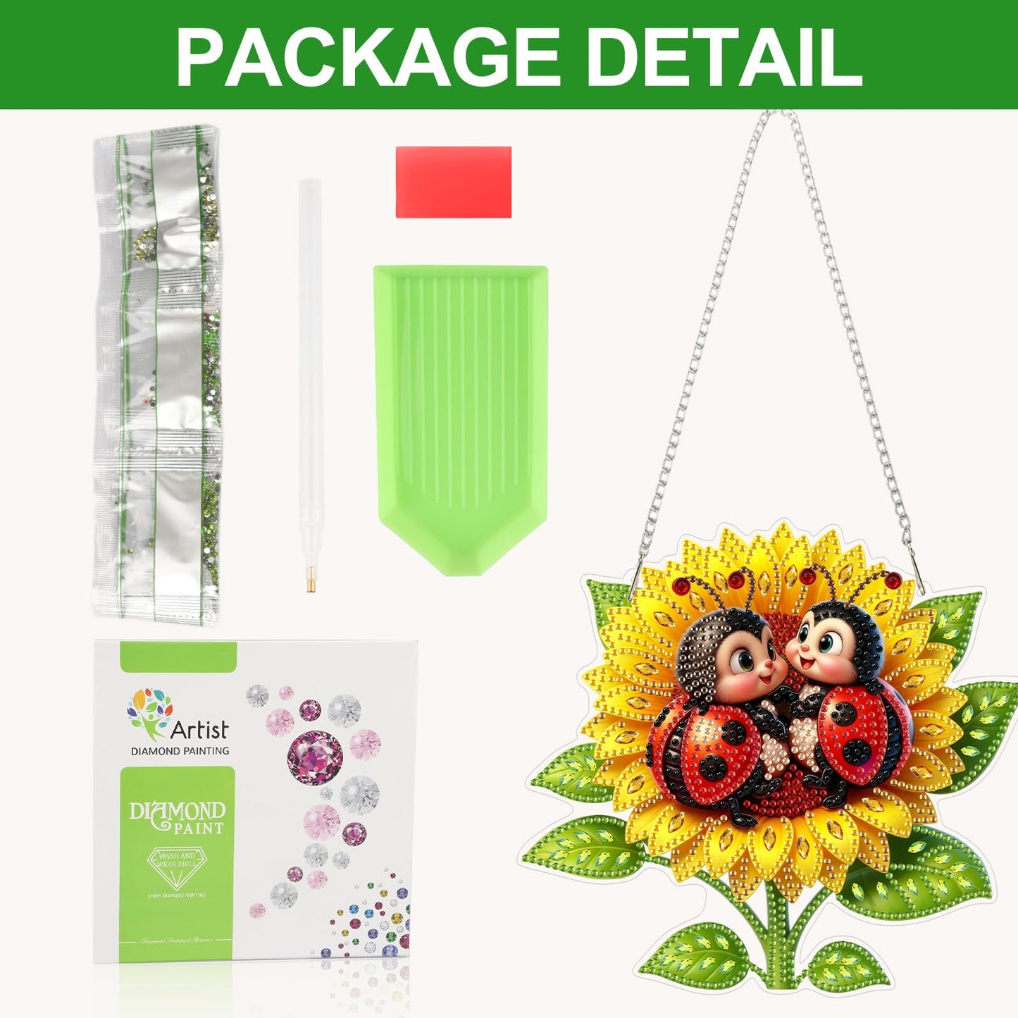 CEOVR Ladybug Hanging Diamond Art for Adults, Ladybug Sunflower Diamond Painting Pendant DIY Gem Art Wall Hanging Ornament, Acrylic Home Garden Decor with Chain, Box Kit 7.75×7.2inch