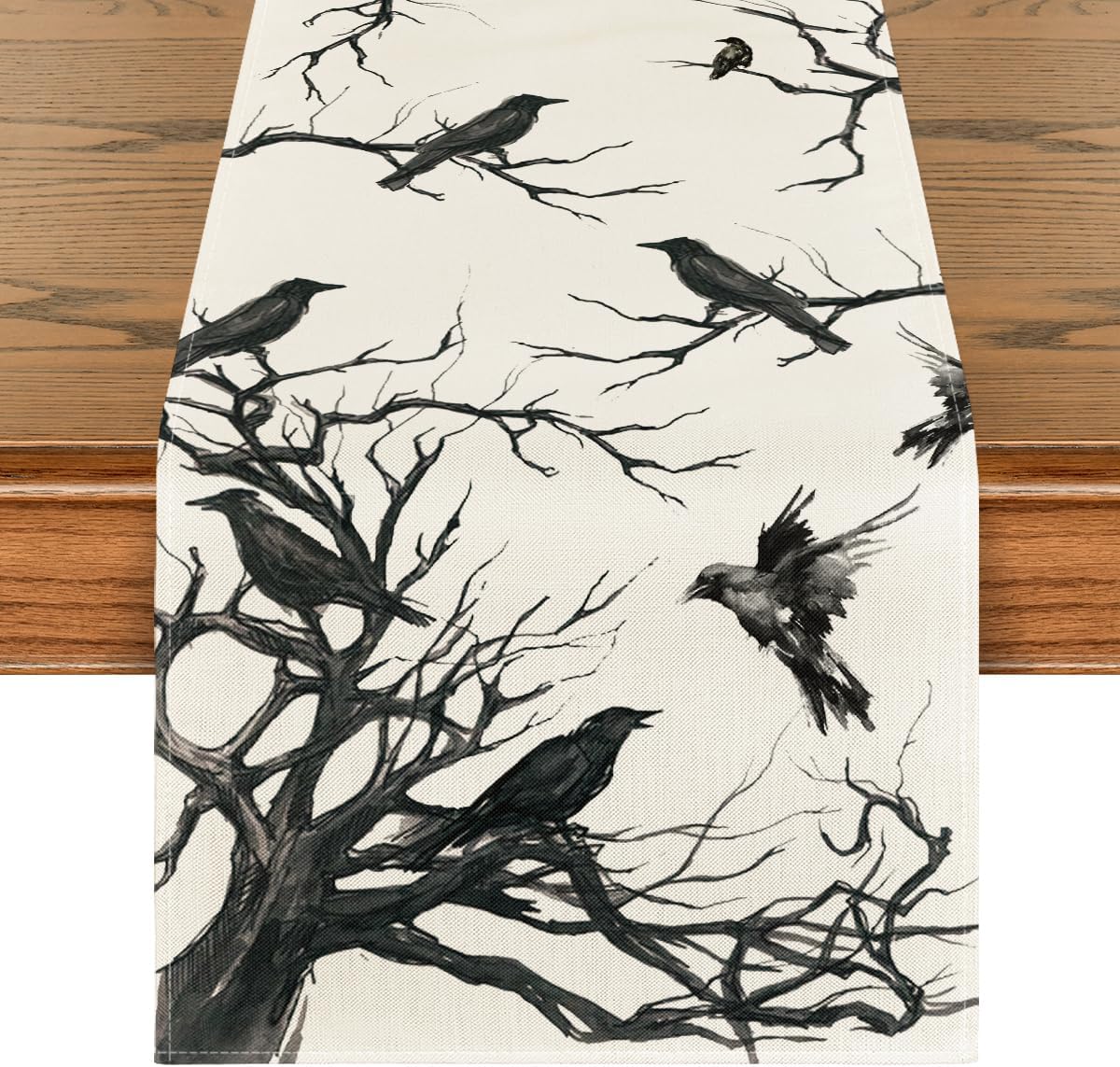 13x60 Inch Artoid Mode Silhouette Tree Crows Branches Halloween Table Runner, Seasonal Fall Kitchen Dining Table