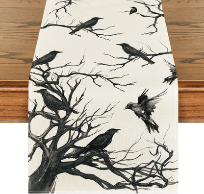 13x60 Inch Artoid Mode Silhouette Tree Crows Branches Halloween Table Runner, Seasonal Fall Kitchen Dining Table