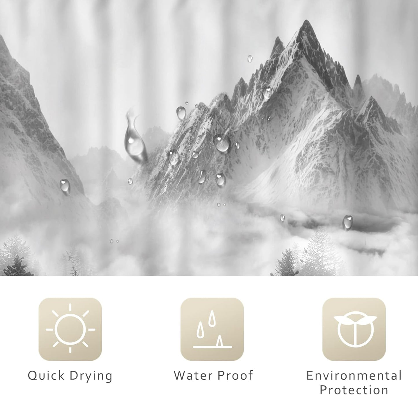 Riyidecor Misty Shower Curtain, 72" x 72" Foggy Snow Mountain Scenery for Bathroom Decor with 12 Pack Hooks