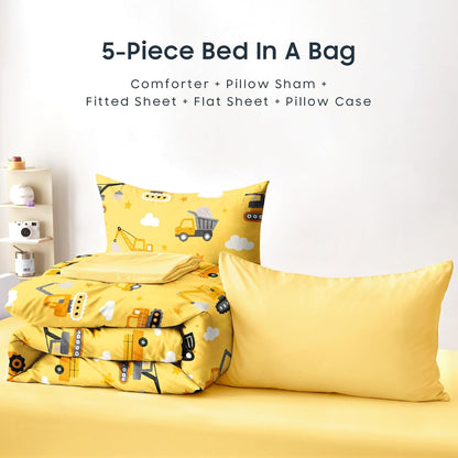 Set Set 5 Wake In Cloud - Construction Car Bedding for Boys, Excavator Truck Crane Tractor, Soft Lightweight Comforter