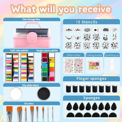 Professional Face Painting kit 110 Colors Split Cake Face Paint 96 pcs Set Non-Toxic Washable & Safe with Brushes Sponges Glitter Stencils for Halloween Makeup Kit for Pro Face Painter full kit