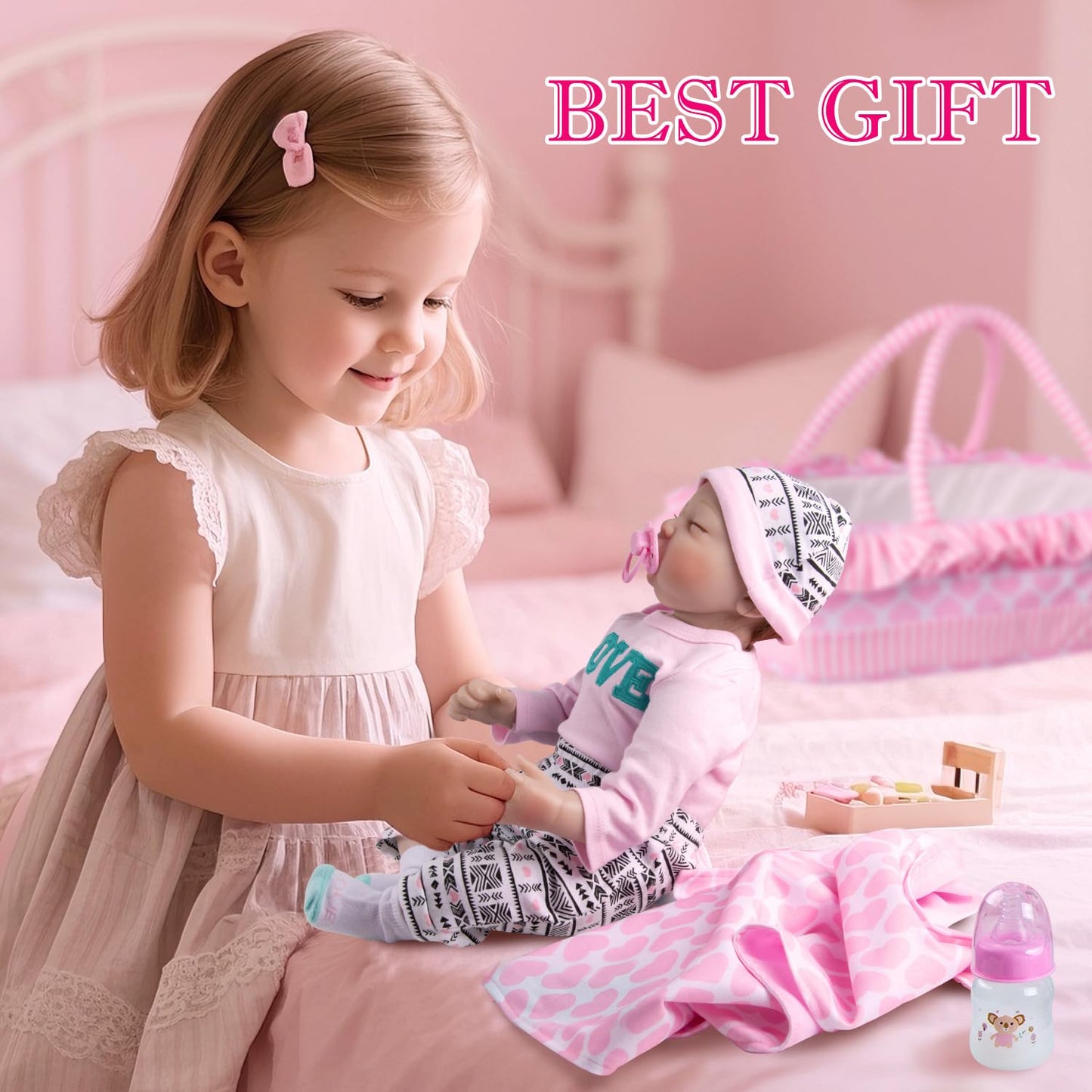 PEDOLLTREE 12 Pcs Reborn Baby Dolls Clothes Girl Outfit Accessories for 17-22 Inch Reborn Doll Newborn Girl with Pink Love Heart Bassinet