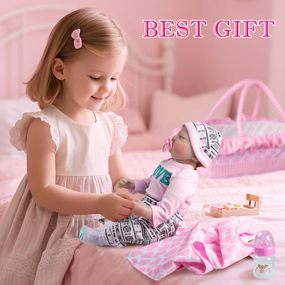 PEDOLLTREE 12 Pcs Reborn Baby Dolls Clothes Girl Outfit Accessories for 17-22 Inch Reborn Doll Newborn Girl with Pink Love Heart Bassinet