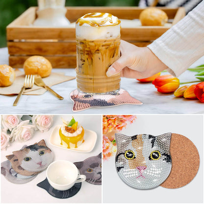 Billbotk 8 Pieces Diamond Painting Coasters Kit with Holder, Diamond Art Coasters, DIY Diamond Art Crafts Projects, Diamond Dot Kits for Adults and Beginners(Cat Style)