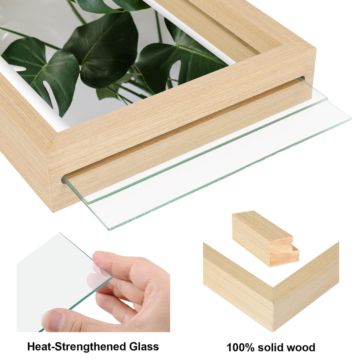 Egofine 11x14 Floating Frames Set of 2, Double Plexiglass Picture Frame, Made of Solid Wood Display Any Size Photo up to 11x14, Wall Mount or Tabletop Standing, Natural Wood