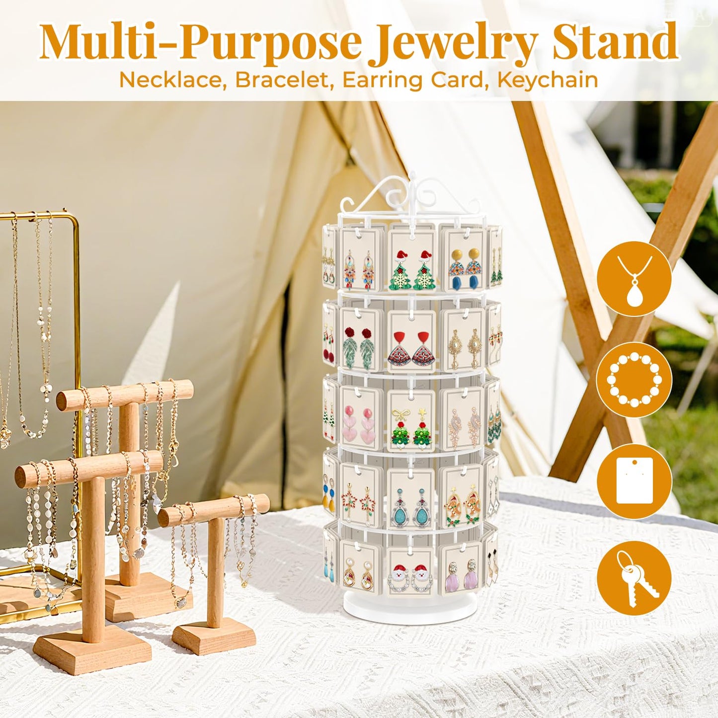 EsLuker.ly Earring Holder Organizer Rotating Display Tree Stand, Adjustable Height Earring Card Hanger Rack with 50 Hooks for Vendors Market Selling, 5 Tier Metal Jewelry Storage Tower, White