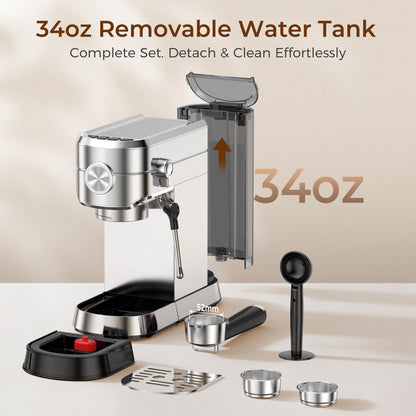 Electactic Espresso Machine 20 Bar, Compact Espresso Coffee Maker with Steam Milk Frother, Stainless Steel Coffee Machine with 34oz Removable Water Tank for Cappuccino, Latte