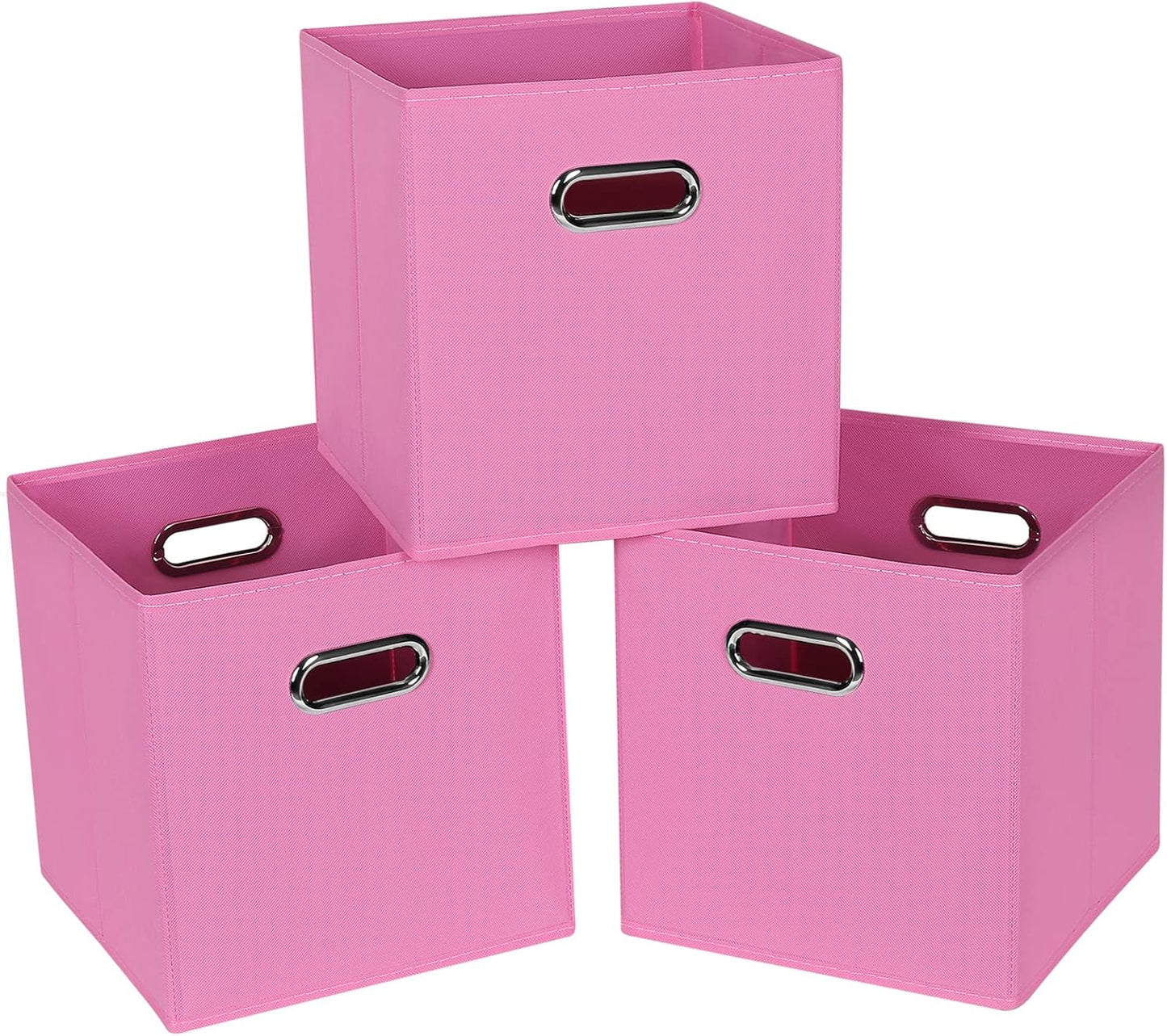 Fabric Cloth Storage Bins, Set of 3 Foldable Cube Baskets with Dual Handles for Home Bedroom Storage, Pink