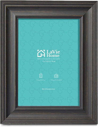 LaVie Home 5x7 Picture Frame - Rustic Black Photo Frame Set with High Definition Glass for Wall & Table Display