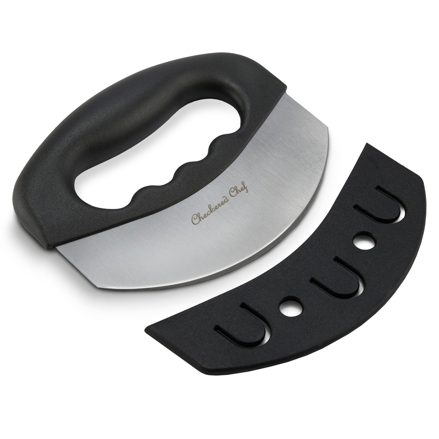 Checkered Chef Salad Chopper Tool with Cover, Mezzaluna Knife Stainless Steel Vegetable Rocker, Mincer, Cutter