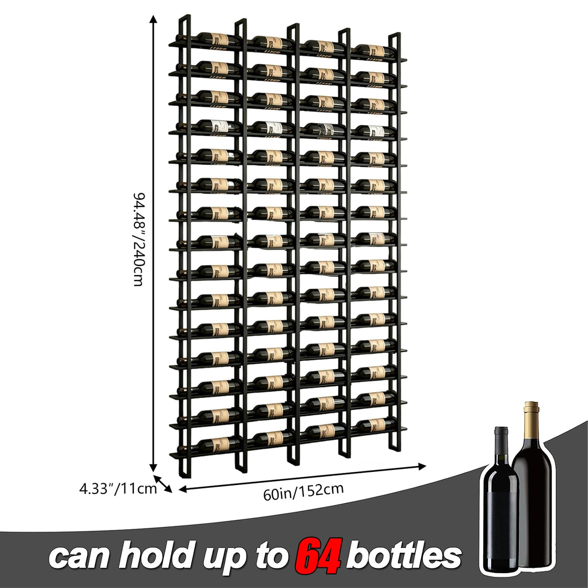 RAJYQODIS Large Wall Mount Wine Rack, 16 Tier 64 Bottle Wine Storage Organizer Display Holder, Metal Liquor Display for Wine Cellars, Home Bars, Kitchens, and Dining Rooms (Black, 64 Bottles)