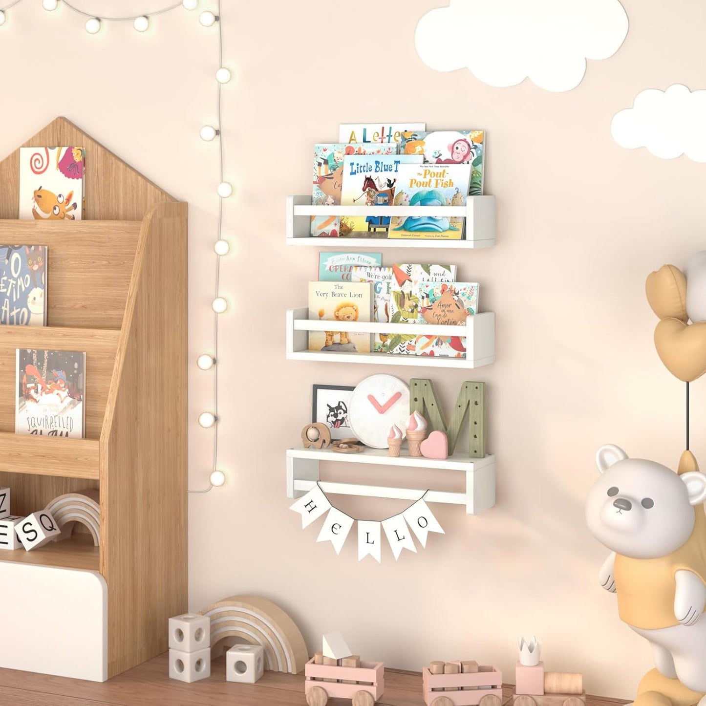 15.7 Inch Set 3, Floating Nursery Book Shelves for Wall, Nature Solid Wood Wall Mounted Bookshelf of Hanging
