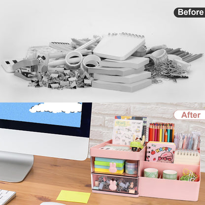 Meiikun Desk Organizer, Makeup Organizer with 2 Drawers, 7 Compartment & a Top Tray, Desktop Organizers and Storage for Women, Cute Home organization Bathroom, 11" x 5.7" x 4.7" (Pink)