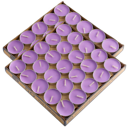 Dyrfolm 100 Pack Tea Lights - Smokeless, Unscented, Dripless & Long Lasting Mini Tealight Candles for Home, Weddings, Parties (Purple)