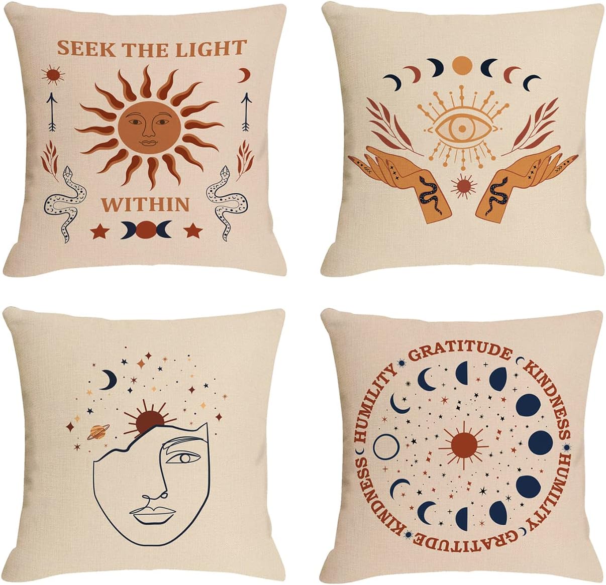 18x18 Set 4 Jartinle Hippie Pillow Covers Tarot Sun Moon Boho Throw Pillow Covers Witchy Evil Eye Celestial Cushion