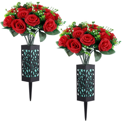 Yahenda 2 Sets Artificial Cemetery Flowers 36 Heads Rose with 2 Grave Markers Flower Holder Vase with Drainage Hole Long Spikes and 2 Floral Foam Blocks for Outdoor Memorials (Red)