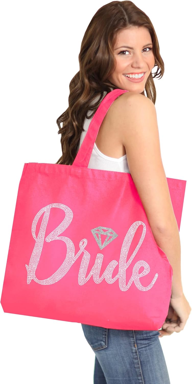 Giant Canvas Bride Tote Bag - 18" x 14" Diamond Motif Rhinestone Totes for Bridal Shower Gifts and Wedding Accessories