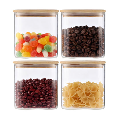 4-Pack Glass Storage Square Jars with Bamboo Lids Single 24 fl oz/720ml,Glass Canister Set, Airtight Containers for Kitchen Dry Goods, Coffee, Tea, Sugar,Flour ,Candy, Cookie, Spice