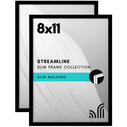 Americanflat 8x11 Picture Frame with Shatter-Resistant Glass - Set of 2 - Streamline Collection - Thin Border Photo Frame for Tabletop and Wall - Hanging Hardware and Easel Stand Included - Black