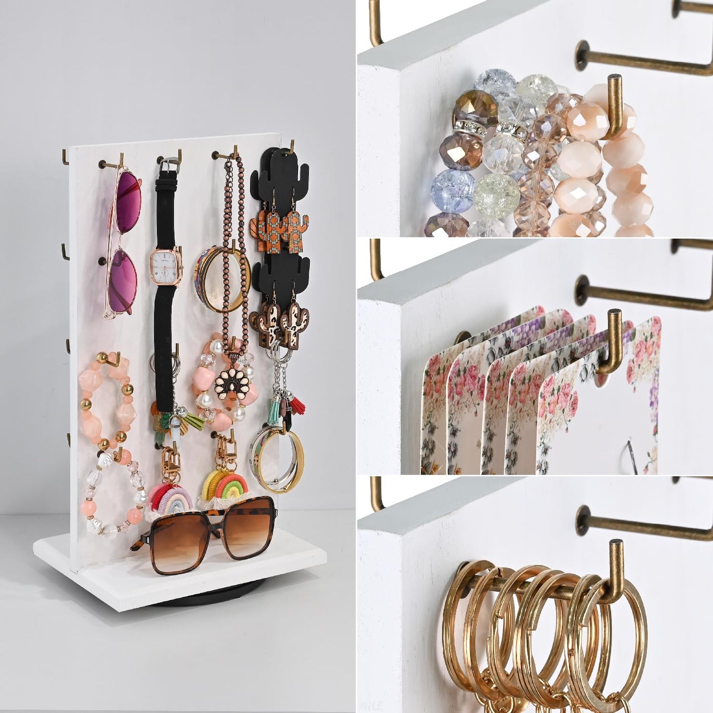 MOOCA Wooden Rotating Two-Sided Jewelry Display Stand, Rotating Organizer with 32 Long Hooks for Store, Keychain Earring Display, White color, 9.1W x 7.5 D x 17.1 H in