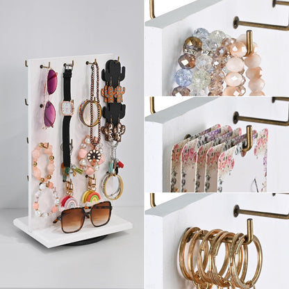 MOOCA Wooden Rotating Two-Sided Jewelry Display Stand, Rotating Organizer with 32 Long Hooks for Store, Keychain Earring Display, White color, 9.1W x 7.5 D x 17.1 H in
