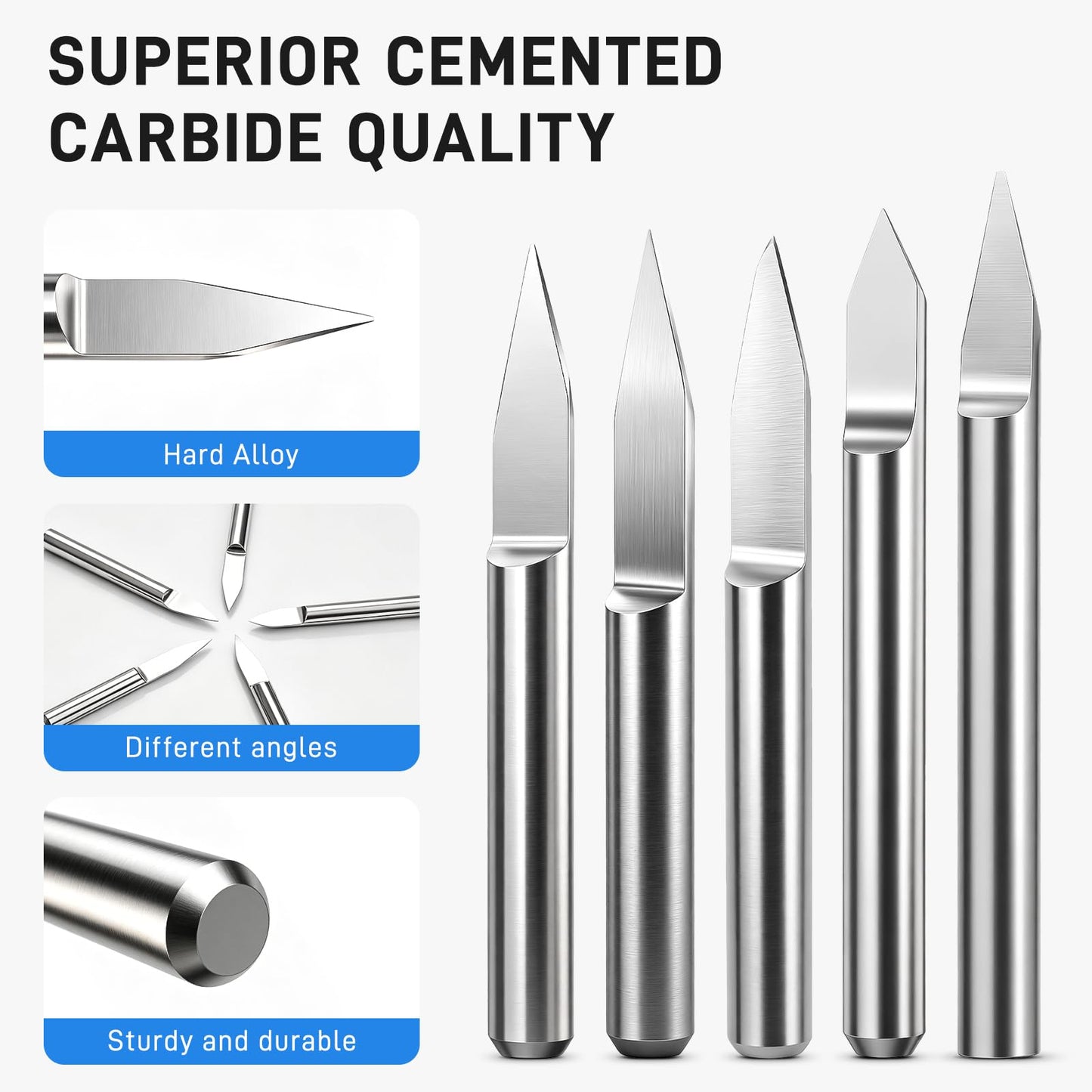 YIBEICO 5PCS CNC Wood Carving Router Bit Set for Carvera/Carvera Air Desktop CNC Machines,Suitable for CNC Machines, high Precision CNC Drilling Tools (Single Flute Engraving Bit)