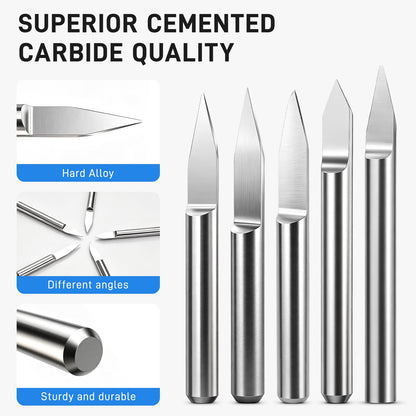 YIBEICO 5PCS CNC Wood Carving Router Bit Set for Carvera/Carvera Air Desktop CNC Machines,Suitable for CNC Machines, high Precision CNC Drilling Tools (Single Flute Engraving Bit)