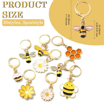 Stiesy 20 Pcs 20 Styles Bee Honeycomb Daisy Stitch Markers Enamel Crochet Stitch Marker Charms Removable Lobster Clasp Locking Stitch Marker for Knitting Weaving Sewing Quilting Handmade Jewelry