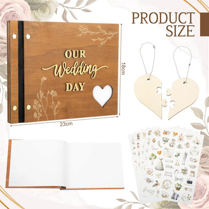 Resurhang Rustic Wooden Wedding Guest Book Memory Book for Wedding Wooden Cover Photo Scrapbook Rustic Keepsake Guestbook with Stickers for Reception Anniversary Bridal Shower Engagement Supplies