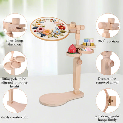 Adjustable Rotating Embroidery Hoop Stand - Beech Wood Holder with Storage Trays, Hands-Free Lap Design for Cross Stitch & Craft Needlework