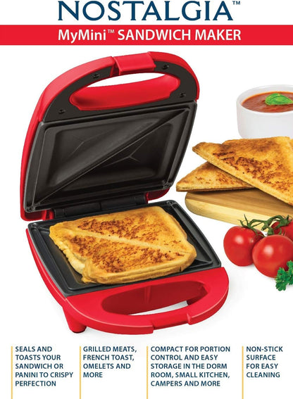 Nostalgia Mini Sandwich Maker Toaster Compact for Portion Control, Seals and Toasts Sandwich Panini Maker (RED)