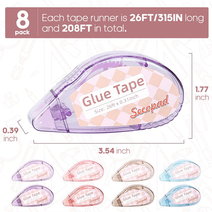 Secopad Scrapbook Tape, 8 Pack Double Sided Tape Roller for Crafts, Adhesive Glue Runner Scrapbooking Supplies Journaling School Office Teacher Supplies, 0.3IN x 26FT, Clear Light-Colored Shell