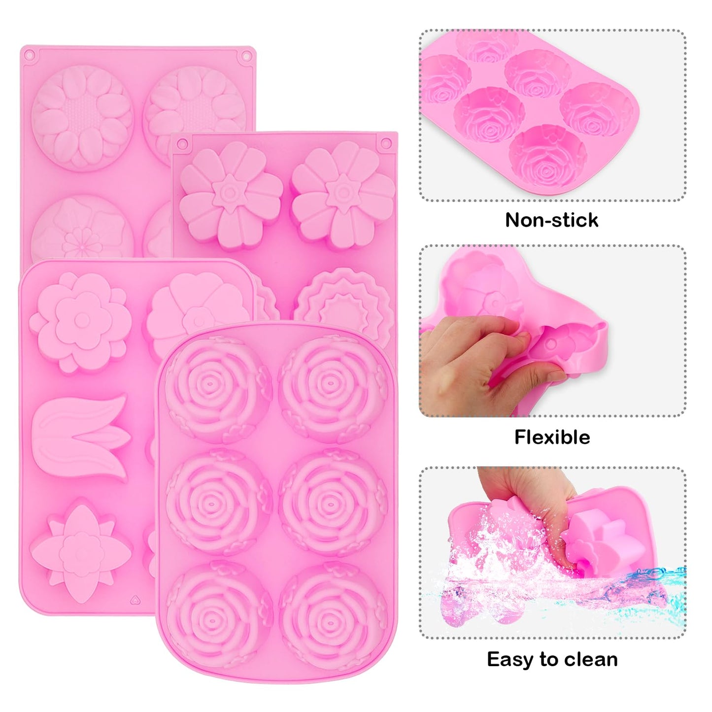 WOOPSOO 4 Pcs Flower Soap Molds Rose Silicone Molds Cake Molds Floral Chocolate Mold Set for Home Handmade DIY Candle Baking Tray Bars Wax Melts Tool