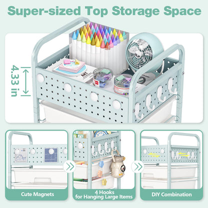 5 Drawer Rolling Storage Cart with Pegboard Top and Hooks, Mobile Utility Organizer with Wheels for Office Supplies, Craft Storage, Classroom Organization, Home Storage Cart, Green