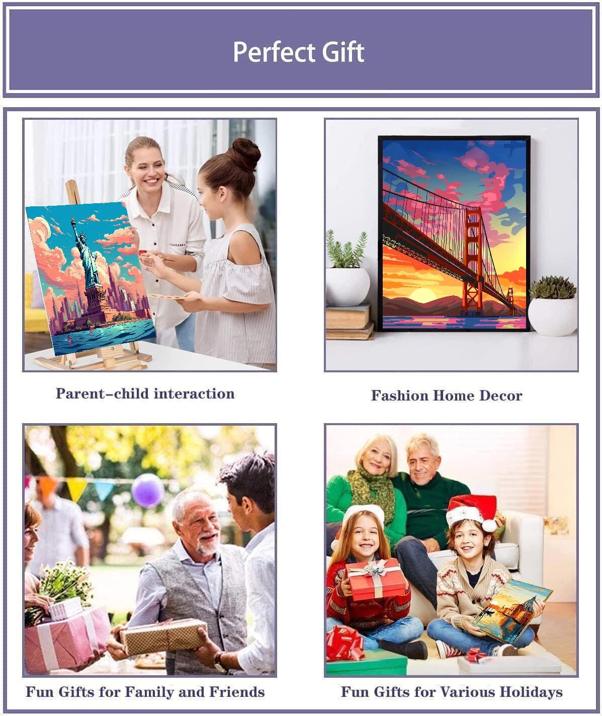 6 Pack Framed Paint by Numbers Kit for Adults Beginners with Wooden Easel,Scenery-Cityscape Easy Adults' Paint-by-Number Kits with Frame,DIY Number Painting Adults for Decor Present 8x12 inch