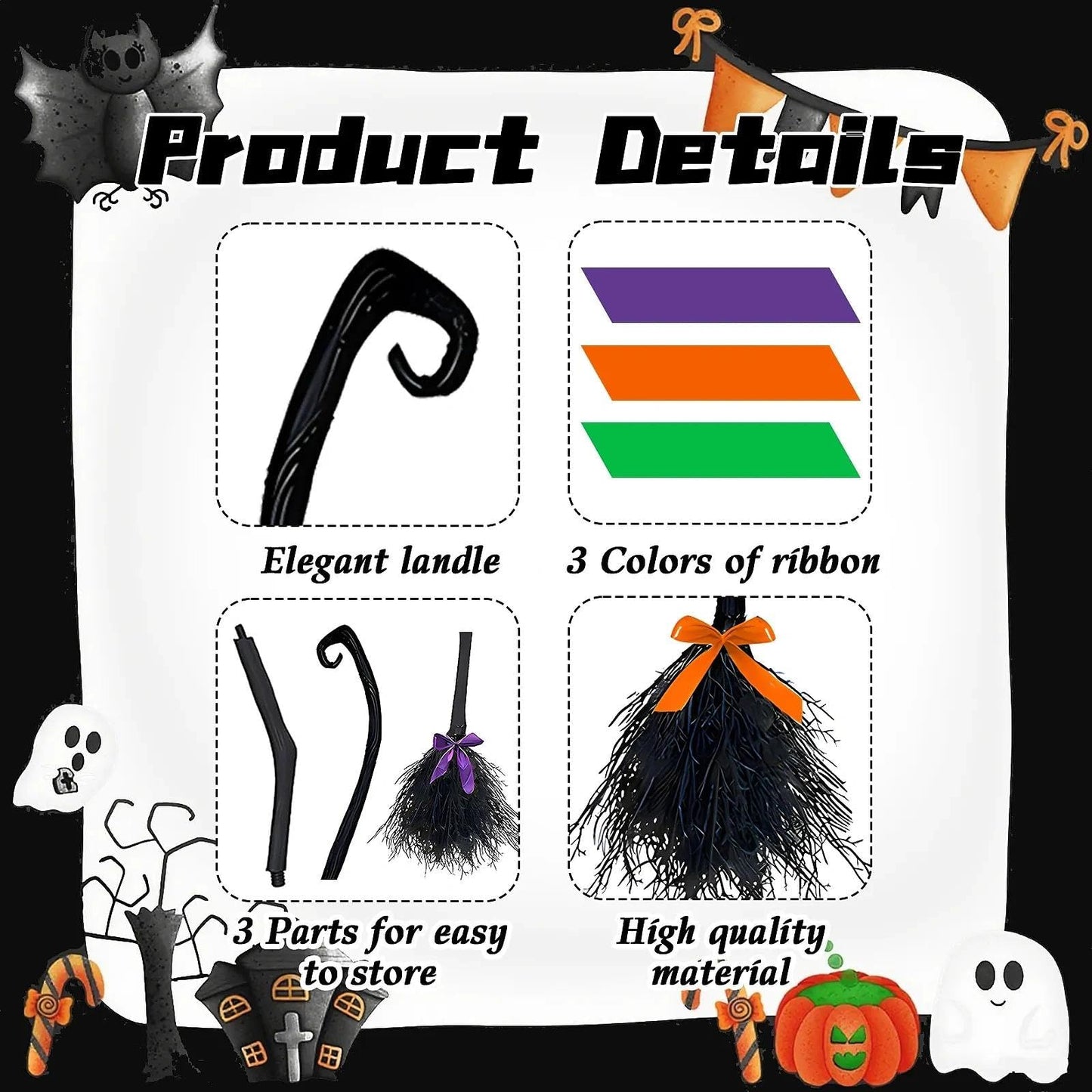 Lachouhaox Halloween Witch Broom with 3 Ribbons, Large Plastic Black Home Decoration Accessory Cosplay Photo Prop for Party