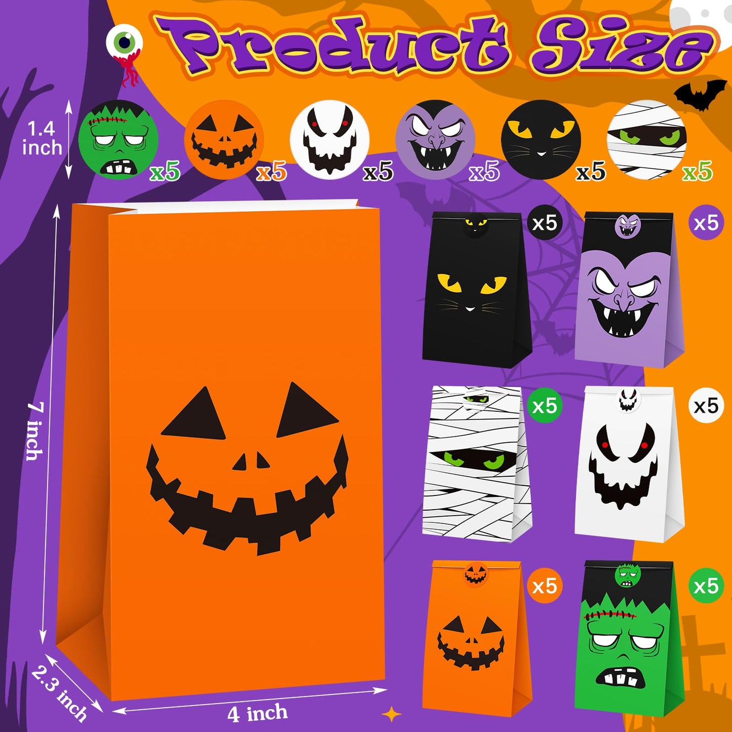 TaoBary Halloween Treat Bags Cute Trick or Goody Bags Halloween Paper Favor Bag with 6 Assorted Designs Stickers for Trick or Goody Birthday Party Event Supplies(30 Pcs)