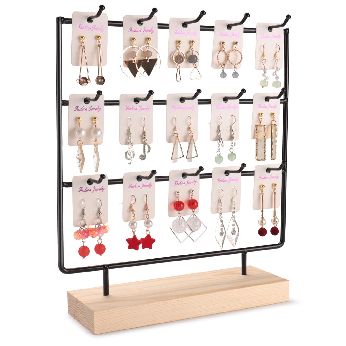 shidaishiye Earring Display Stand for Selling, Wood Earring Rack Tower Display Holder Stand (3 Tier,15 Hooks, Black)