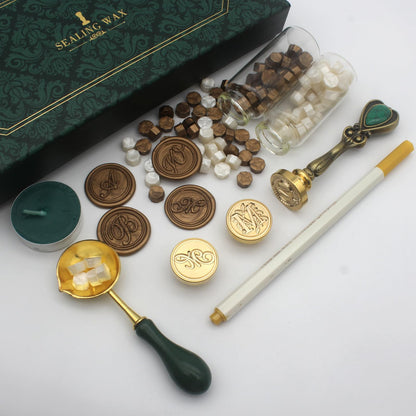 Letter Wax Seal Stamp Kit, Andotopee Wax Seal Kit Initial Alphabet M Sealing Wax Stamp Head 3pcs, Vintage Wax Stamp Seal Kit with Wax Seal Beads, Wax Seal Warmer Tools, Wax Seal Pen, Gift Box Set