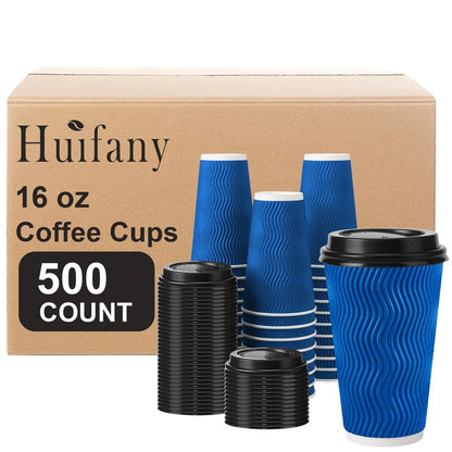 Huifany Disposable Coffee Cups with Lids 16 oz, To Go Paper Coffee Cups with Lids, Insulated Paper Cups for Hot or Cold Beverages (Navy, 500Pack)