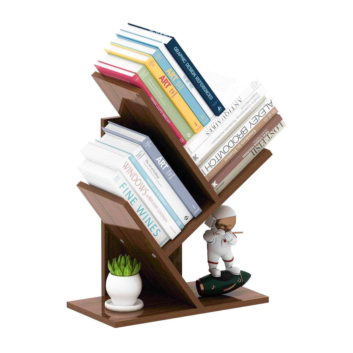 ZRWD Tree Bookshelf, 3-Tier Small Book Storage Organizer Shelves Floor Standing Bookcase, Wood Storage Rack for Office Home School Shelf Display for Cd/Magazine（Dark Walnut ）