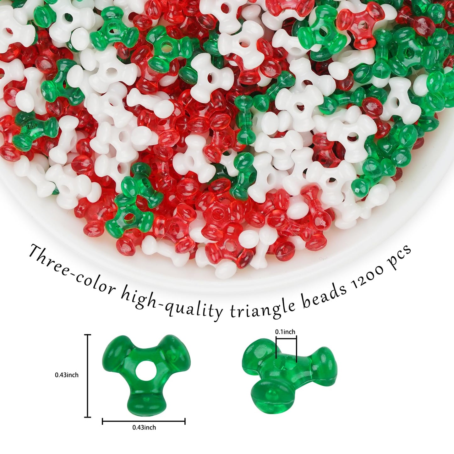 Christmas Tri Beads (1200pcs), Tri Shaped Beads Red Green White Triangle Beaded kit for Craft Wreath Xmas Holiday Tree Snowman Decorations, Candy Cane Beaded Ornament Kit, Christmas Party Decoration